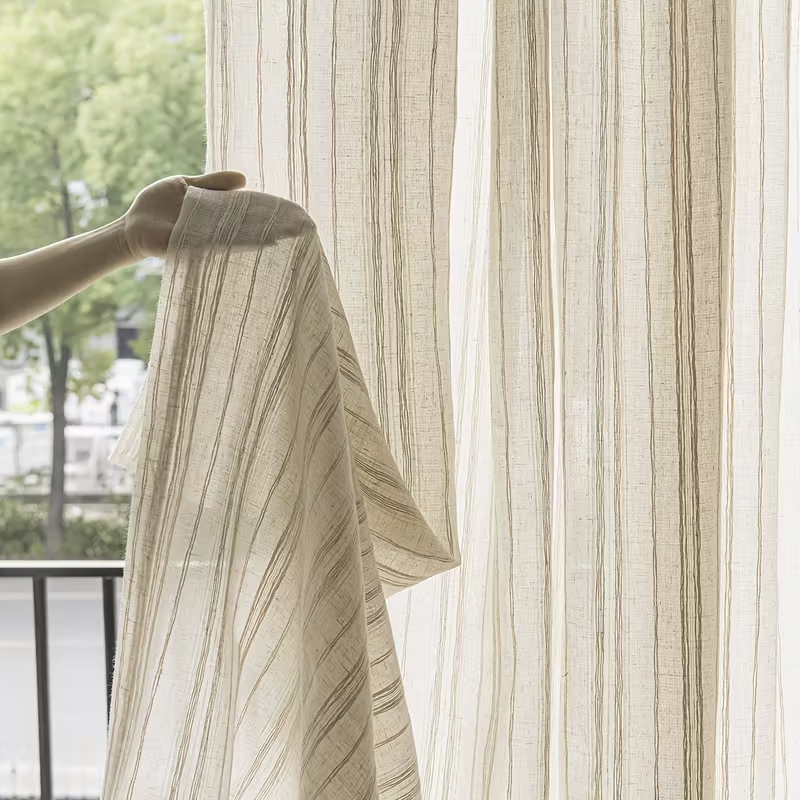 1Pc Simple Faux Linen Striped  - Linen Curtain Eyelet avis et prix