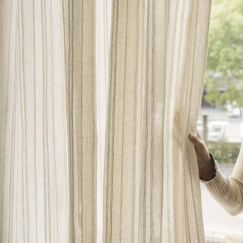 1Pc Simple Faux Linen Striped  - Linen Curtain Eyelet avis et prix