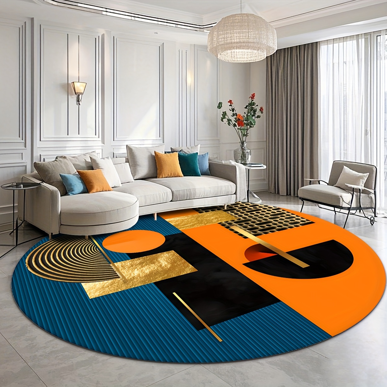 Orange Blue Gold Abstract Geom - Printed Rug Abstract avis et prix